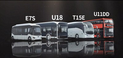Yutong Bus showcasing four state-of-the-art electric bus models, the Micro-Mobility Electric Bus-E7S, the High-Capacity Trunk Line Bus-U18, the Ultra-Luxury Battery Electric Coach-T15E, and Double-Deck Battery Electric Sightseeing Bus-U11DD, at Busworld Brussels 2023.