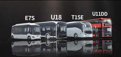 A Yutong Bus apresentando quatro modelos de ônibus elétricos de ponta, o ônibus elétrico para micromobilidade - E7S, o ônibus de longa distância e alta capacidade - U18, o ônibus elétrico de ultraluxo a bateria - T15E, e o ônibus de turismo elétrico de dois andares a bateria - U11DD, na Busworld Brussels 2023. (PRNewsfoto/Yutong Bus)