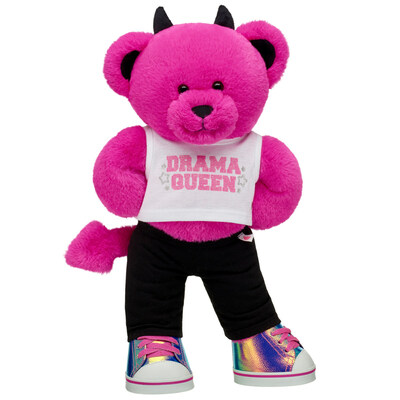 This hot pink teddy bear is serving up some dramatic flair in this fun stuffed animal gift set featuring a sassy "Drama Queen" tank top, black leggings and metallic low tops with sparkly laces.
