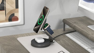 The Mag 360 Magnetic 3-in-1 Foldable Travel Charging Station features fast charging with the latest Qi2 wireless technology, reducing charging times by 60% via the 15W output support that’s suitable for iPhone 15 models.
