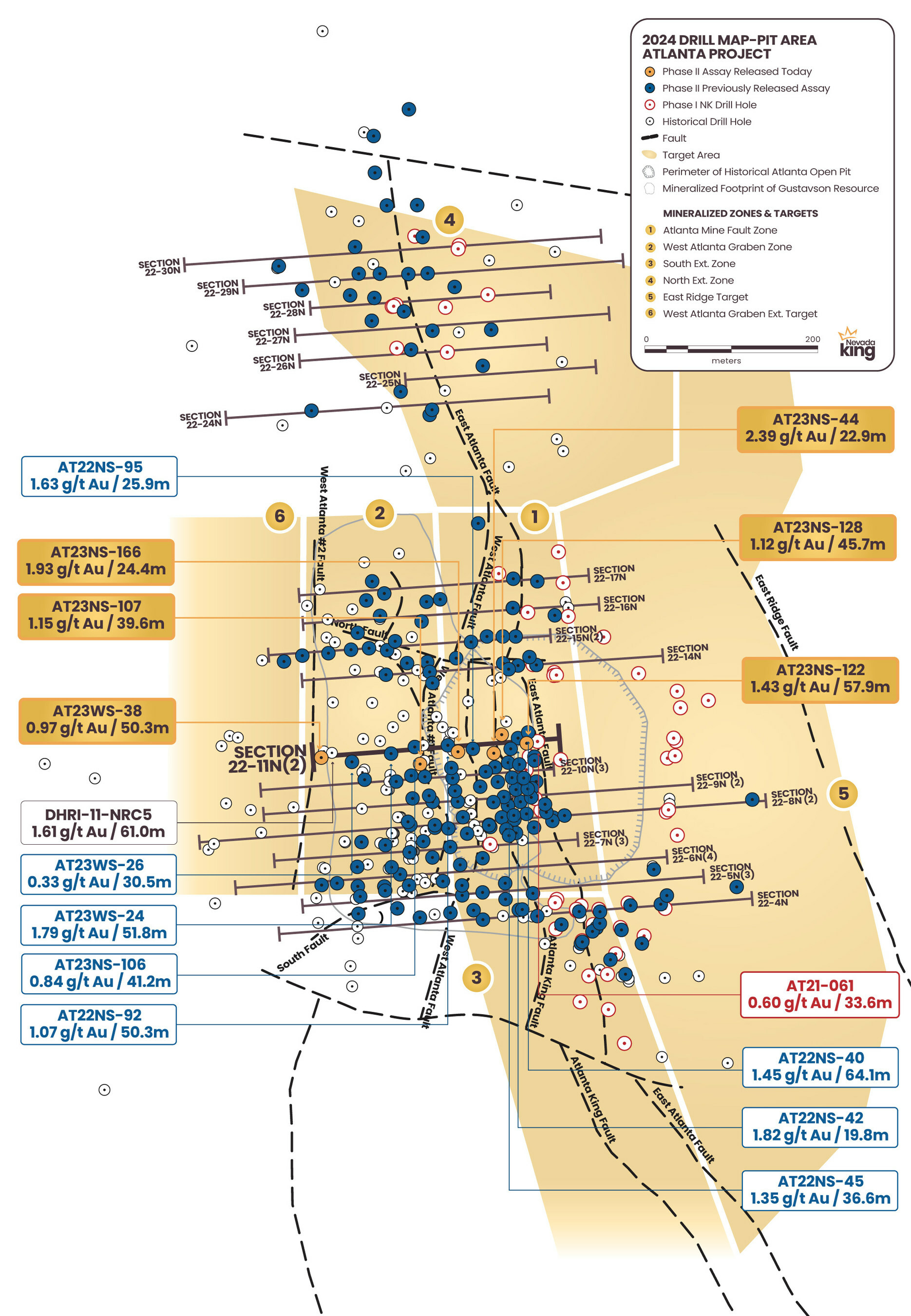 Figure 1. Location map for holes reported in this news release along updated drill Section 23-11N(2) relative to the perimeter of the historical Atlanta Pit and footprint of the Gustavson 2020 NI 43-101 resource. Shallow drillholes on the mine dumps have been removed from the plot for clarity. (CNW Group/Nevada King Gold Corp.) Figure 1. Location map for holes reported in this news release along updated drill Section 23-11N(2) relative to the perimeter of the historical Atlanta Pit and footprint of the Gustavson 2020 NI 43-101 resource. Shallow drillholes on the mine dumps have been removed from the plot for clarity. (CNW Group/Nevada King Gold Corp.)