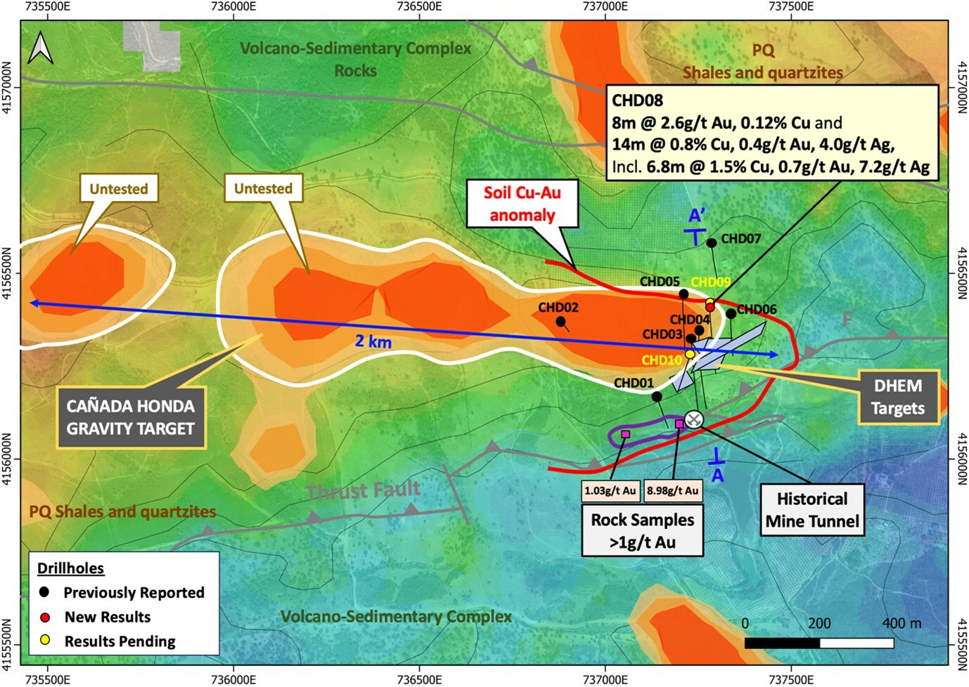 Figure 1 – Cañada Honda gravity anomaly map showing drillhole locations with select results, and location of cross-section A-A’ (Figure 2). The gravity anomaly and soil Cu-Au anomaly highlights the potential to expand the mineralization to the west and closer to surface in the south. (CNW Group/Pan Global Resources Inc.) Figure 1 – Cañada Honda gravity anomaly map showing drillhole locations with select results, and location of cross-section A-A’ (Figure 2). The gravity anomaly and soil Cu-Au anomaly highlights the potential to expand the mineralization to the west and closer to surface in the south. (CNW Group/Pan Global Resources Inc.)
