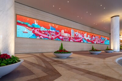 The magnificent 30-meter-long Chinese-style New Year painting displayed on an LED wall outside of the Crystal Lobby, connects the iconic edifices of StarWorld Hotel, Galaxy Macau, and Broadway Macau with the vibrant festivities of the New Year in intricate details and lively style