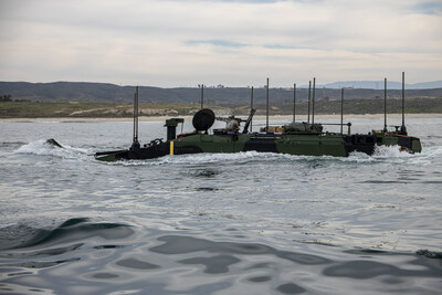 U.S. Marines with Charlie Company, 3d Assault Amphibian Battalion, 1st Marine Division, conduct waterborne operations utilizing an amphibious combat vehicle at Marine Corps Base Camp Pendleton, California, Jan. 31, 2022. The training ensures proficiency of the crew members and enforced water integrity testing procedures. (Credit: U.S. Marine Corps. Photo by Cpl. Alexandra Munoz)