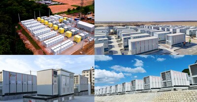 1. The largest battery energy storage project in Brazil; 2. The liquid-cooling energy storage project in China awarded as “Energy Transition Changemaker” by COP28 3. 100MW/200MWh liquid-cooling energy storage project in Ningxia, China 4. 200MW/400MWh energy storage power plant in Guizhou, China (From top to bottom, left to right)