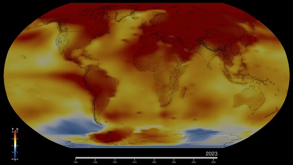 This map of Earth in 2023 shows global surface temperature anomalies, or how much warmer or cooler each region of the planet was compared to the average from 1951 to 1980. Normal temperatures are shown in white, higher-than-normal temperatures in red and orange, and lower-than-normal temperatures in blue. An animated version of this map shows global temperature anomalies changing over time, dating back to 1880. Download this visualization from NASA Goddard’s Scientific Visualization Studio: https://svsdev.gsfc.nasa.gov/5207.
Credits: NASA’s Scientific Visualization Studio