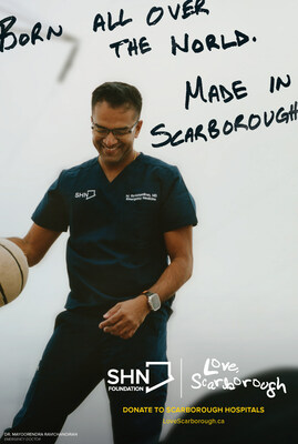 One of the new out-of-home ads for Love, Scarborough, featuring Dr. Mayoorendra Ravichandiran, Emergency Physician at Scarborough Health Network. He is one of 11 new faces featured in the campaign. His story embodies Scarborough Grit and the diversity of our community, with one of the new headlines of'Born all over the world. Made in Scarborough.' written in his unique handwriting. (CNW Group/Scarborough Health Network Foundation)
