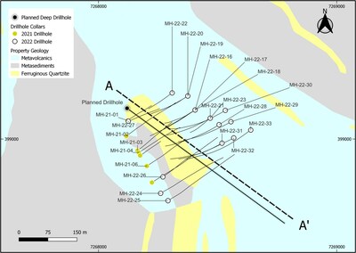 Figure 2. Mazoa Hill Property geology, planned hole to 950m and section line for Figures 3 and 4. (CNW Group/Golden Shield Resources)