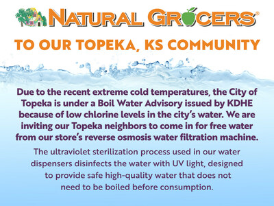 Natural Grocers is offering free water from the Topeka, Kansas store’s reverse osmosis water filtration machines for those in need.