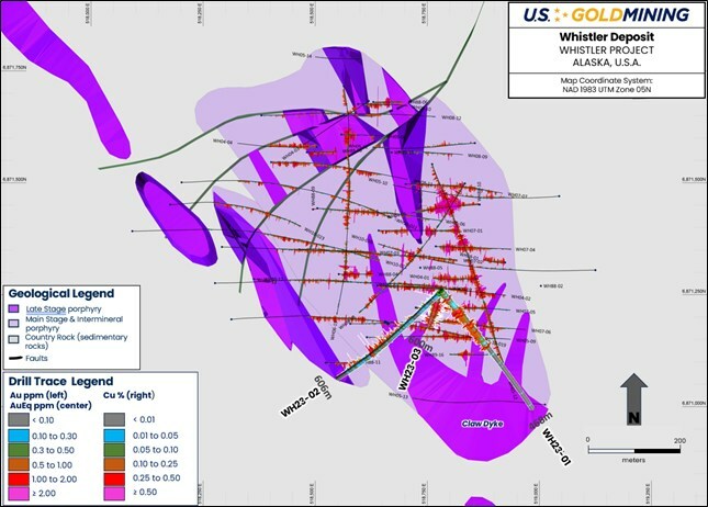 Figure 1 Whistler Deposit drill plan with gold and copper histograms plotted (left and right respectively; see legend). Drill traces for 2023 holes are shown in bold (with prefix ‘WH023’) and gold and copper assay histograms are highlighted. Drilling is overlain on a geological interpretation of the host diorite porphyry (cut at 200 meters below surface) to illustrate the overall geometry of mineralized porphyry phases (pale purple) and non-mineralized late-stage porphyry phases (darker purple). (CNW Group/U.S. GoldMining Inc.) Figure 1 Whistler Deposit drill plan with gold and copper histograms plotted (left and right respectively; see legend). Drill traces for 2023 holes are shown in bold (with prefix ‘WH023’) and gold and copper assay histograms are highlighted. Drilling is overlain on a geological interpretation of the host diorite porphyry (cut at 200 meters below surface) to illustrate the overall geometry of mineralized porphyry phases (pale purple) and non-mineralized late-stage porphyry phases (darker purple). (CNW Group/U.S. GoldMining Inc.)