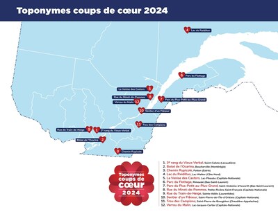 Carte des Toponymes coups de coeur 2024 (Groupe CNW/Commission de toponymie)