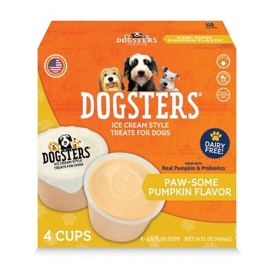 J&J Snack Foods launches new Dogsters pumpkin flavored ice cream style treats for dogs.