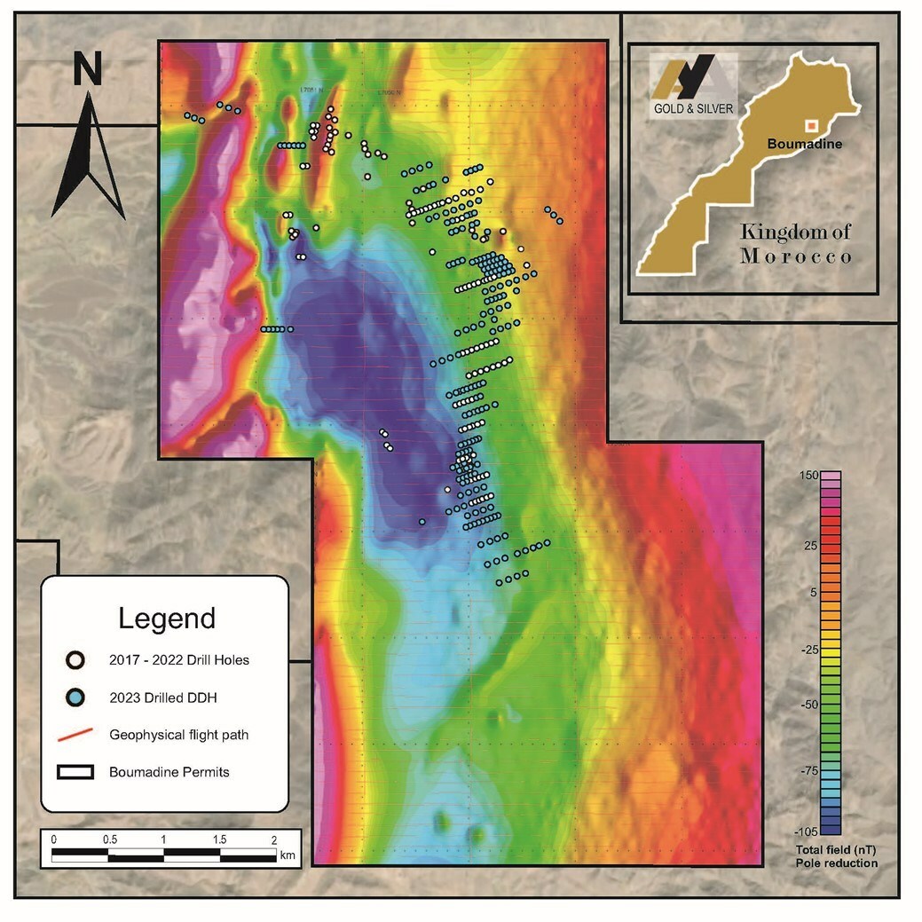 Figure 1 – Surface Plan of Boumadine Property with Magnetic Data (Residual Total Field) and 2023 Drill Holes (CNW Group/Aya Gold & Silver Inc) Figure 1 – Surface Plan of Boumadine Property with Magnetic Data (Residual Total Field) and 2023 Drill Holes (CNW Group/Aya Gold & Silver Inc)