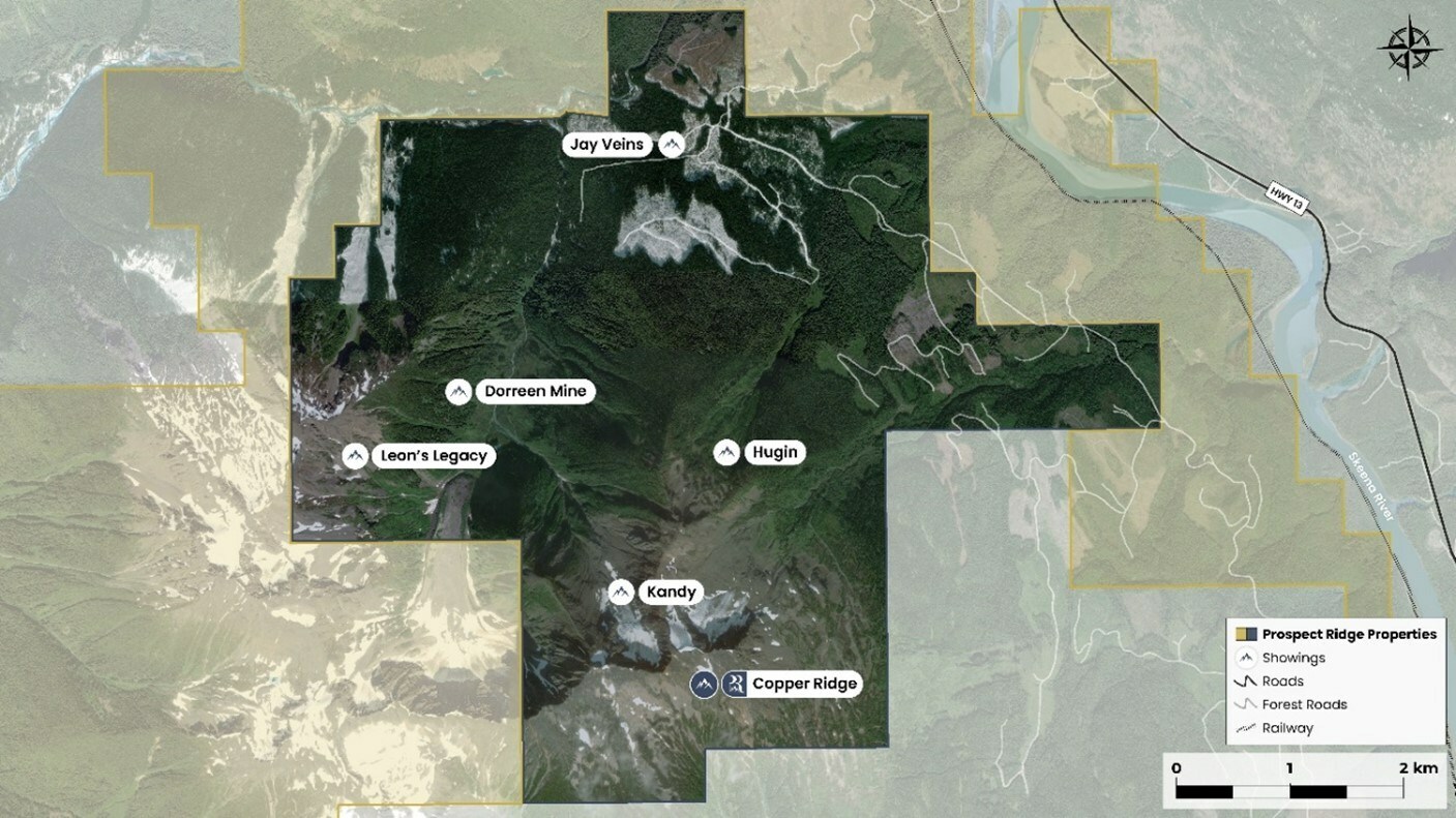 Figure 1: Copper Ridge mineralized zone location in relation to other exploration targets within the Knauss Creek Property. (CNW Group/Prospect Ridge Resources Corp.) Figure 1: Copper Ridge mineralized zone location in relation to other exploration targets within the Knauss Creek Property. (CNW Group/Prospect Ridge Resources Corp.)