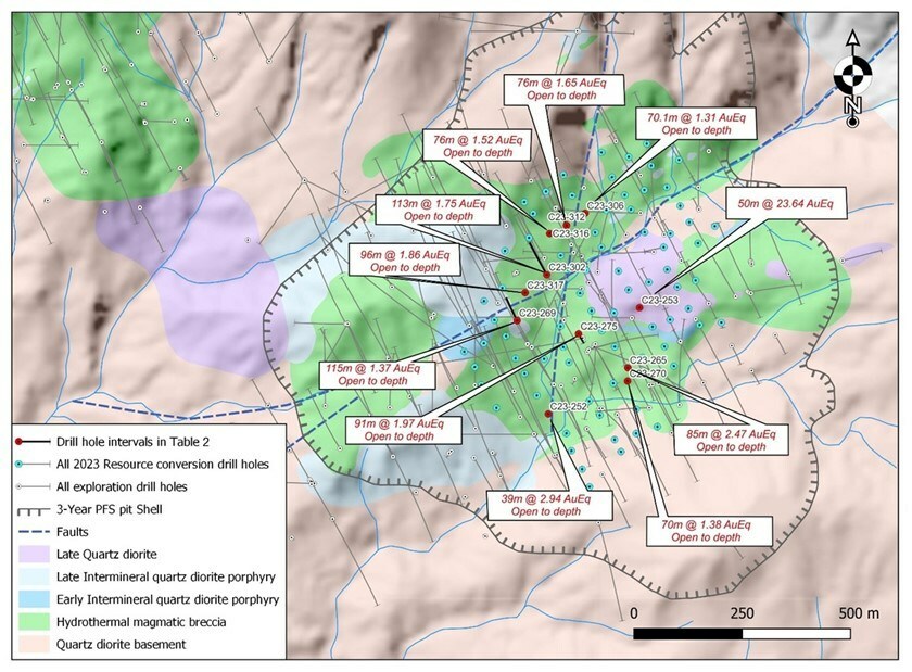 Figure 1. Geological map of infill drilling at the Cangrejos deposit with the surface trace of Phase 1 mining shown and intercepts in Table 2 highlighted. (CNW Group/Lumina Gold Corp.) Figure 1. Geological map of infill drilling at the Cangrejos deposit with the surface trace of Phase 1 mining shown and intercepts in Table 2 highlighted. (CNW Group/Lumina Gold Corp.)