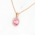 Taylor Custom Rings Unveils Peachy-Pink Sapphire Charlotte Necklace with Lab-Grown Diamond Halo