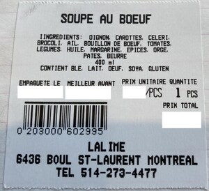 Présence non déclarée de sulfites dans la soupe au bœuf et le pâté bourguignon préparés et vendus par l'entreprise Épicerie-Marché G. Lalime