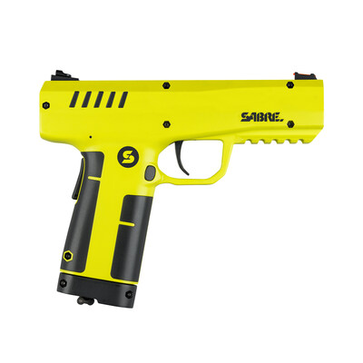 The SABRE Home Defense Pepper Projectile Launcher with a capacity and range: 0.68 caliber with a 7-round magazine, effective up to 60 ft (18.3 m) and disperses a pepper cloud over 6 ft (2 m) upon contact.