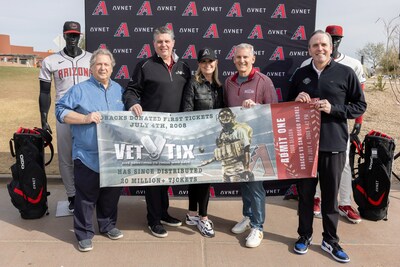 Veteran Ticket Foundation’s Al Maag, Marketing, Eddie Rausch, COO, Arizona Diamondbacks Debbie Castaldo, SVP, Corporate & Community Impact, Vet Tix Chief Strategy Officer, Steve Weintraub and Diamondbacks Derrick Hall, President and CEO and General Partner celebrate the two organizations partnership as their first donor in 2008 and recently hitting the milestone of 20 million + tickets distributed to our nations heroes