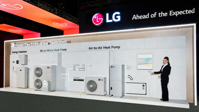 Home Electrification Solutions Zone in LG Electronics booth at AHR Expo 2024 highlights LG's expertise in custom HVAC system design using versatile solutions, including LG's R32 air-to-water heat pump which employs the low Global Warming Potential (GWP) refrigerant, R32. (PRNewsfoto/LG Electronics, Inc.)