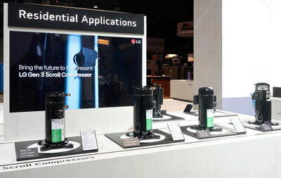 LG Electronics's Component Solutions booth at AHR 2024 features the core product components including LG's scroll compressors, illustrating LG's ongoing commitment to sustainability and energy efficiency. (PRNewsfoto/LG Electronics, Inc.)