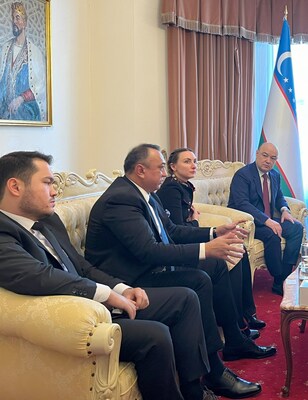 Amb. Usmanov (right) listens as Uzbekistan cricket delegation explains how participation in the sport could rise from a current 600 players to a potential 10,000 in a few years