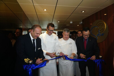 Seabourn celebrated the grand opening of its new fine dining restaurant, Solis, on Seabourn Quest on Saturday, January 20, 2024. Pictured here during a ribbon-cutting ceremony to mark the special occasion are (L to R): Joris Poriau, captain of Seabourn Quest; Anton 