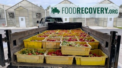 This is an image of the back of a trailer attached to a pickup truck. The trailer is filled with yellow bins of fresh red and green tomatoes, recovered from a farm in FL.