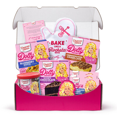 The limited-edition, exclusive Dolly Parton's Bake Like a Rockstar Baking Collection includes her new Duncan Hines' Dolly Parton's Blueberry Muffin Mix, Cinnamon Swirl Crumb Cake Mix, Favorite Chocolate Cake Mix and Creamy Chocolate Buttercream Frosting along with exclusive, limited-edition Dolly keepsakes. It's available online at bakingwithdolly.com beginning at 3 pm ET on Weds., Jan. 24th, while supplies last.