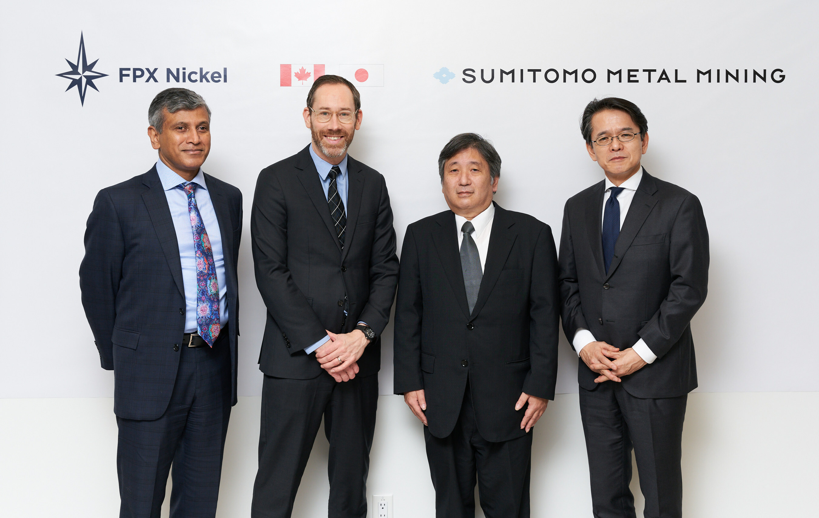 January 22, 2024 MOU signing ceremony in Vancouver, Canada, featuring (left to right), Fazil Mihlar, Deputy Minister, Ministry of Jobs, Economic Development & Innovation, Government of British Columbia, Martin Turenne, President and CEO, FPX Nickel, Eiichi Fukuda, Executive Officer, General Manager of Mineral Resources Division, Sumitomo Metal Mining, and Kohei Maruyama, Consul General of Japan in Vancouver (CNW Group/FPX Nickel Corp.) January 22, 2024 MOU signing ceremony in Vancouver, Canada, featuring (left to right), Fazil Mihlar, Deputy Minister, Ministry of Jobs, Economic Development & Innovation, Government of British Columbia, Martin Turenne, President and CEO, FPX Nickel, Eiichi Fukuda, Executive Officer, General Manager of Mineral Resources Division, Sumitomo Metal Mining, and Kohei Maruyama, Consul General of Japan in Vancouver (CNW Group/FPX Nickel Corp.)