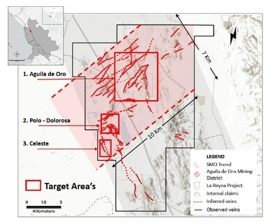 Figure 2: Target Areas Map - High priority target areas for initial drilling (shown as red rectangles). Each area is open in all direction, known mineralization extends beyond each area, and each area may be connected. (CNW Group/Angel Wing Metals Inc.)