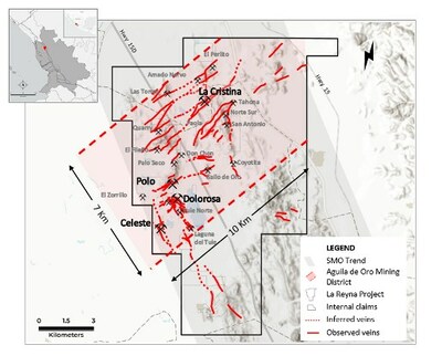 Figure 1: Prospect Location Map - Shows trend of the SMO (grey), the Aguila de Oro Mining District (red), and known and inferred veins. (CNW Group/Angel Wing Metals Inc.)