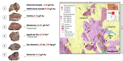 Figure 4: Lago de Oro - Plan map showing geology, selected gold assay results and associated rock specimens collected at site. (CNW Group/Angel Wing Metals Inc.)