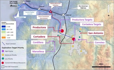 Figure 2. Location of Hot Chili’s exploration target pipeline in relation to regional infrastructure, landholdings and Mineral Resources of Costa Fuego. (CNW Group/Hot Chili Limited)