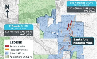 Map 2.  Santa Ana – Outstanding drill intercepts from 2023. (CNW Group/Outcrop Silver & Gold Corporation)
