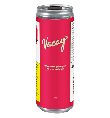 VACAY’s Strawberry Pineapple Tropical Soda: a 3:1 hybrid beverage with 2-3mg of THC and 6.4-8.6mg of CBD. This Strawberry Pineapple Tropical Soda delivers a refreshing blend of sweet, tart, and summery flavours with crisp carbonation in every sip. (CNW Group/Aurora Cannabis Inc.)