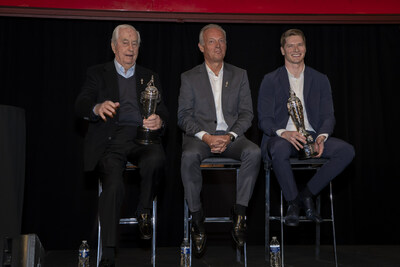 Roger Penske, Fred Lissalde and Josef Newgarden and the Baby Borg Ceremony