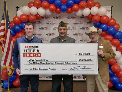 Sport Clips Haircuts donates $1.3M to Help A Hero for veterans’ scholarships. (L - R) Edward Logan, Sport Clips Haircuts CEO and president; VFW National Commander Duane Sarmiento and Sport Clips Haircuts Founder and Chairman, Air Force veteran and VFW Life member, Gordon Logan.