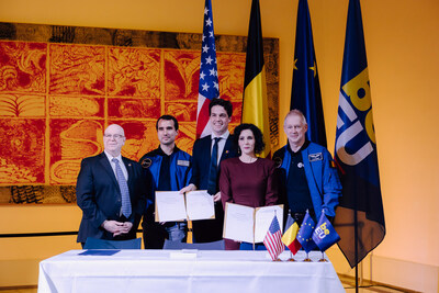 From left to right: Tim Richardson, charg d'affaires, U.S. Embassy Belgium, Raphal Ligeois, Belgian astronaut, Thomas Dermine, Belgian secretary of state for science policy, Hadja Lahbib, Belgian minister of foreign affairs, and Frank De Winne, Belgian astronaut, during the Artemis Accords signing ceremony in Brussels. Credits: Nathan De Fortunato
