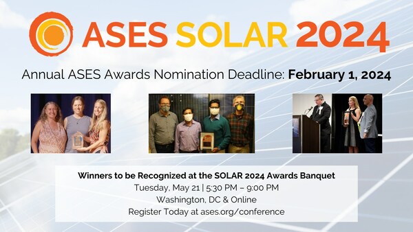 Help ASES recognize renewable energy scientists & professionals - nominate a solar star by February 1 at https://ases.org/awards.