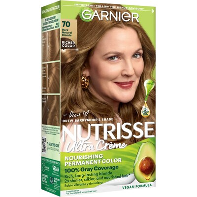 Garnier Nutrisse Brand Ambassador, Drew Barrymore graces the boxes of her go-to at-home hair color shade, Nutrisse 70 a Dark Natural Blonde.