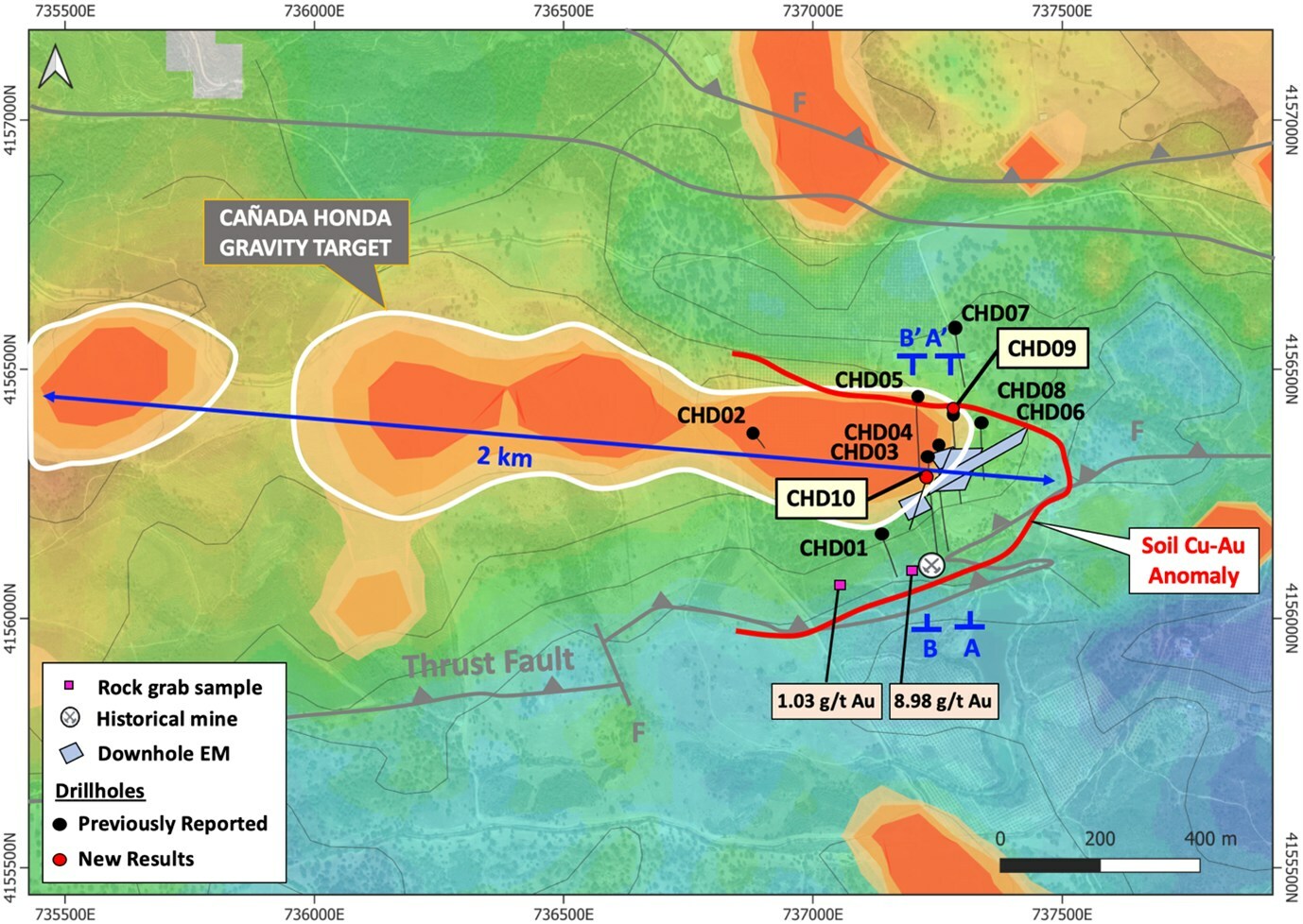 Figure 1 – Cañada Honda gravity anomaly map showing locations for new drillholes CHD09 and CHD10, and cross-section locations A-A’ (Figure 2) and B-B’ (Figure 3). (CNW Group/Pan Global Resources Inc.) Figure 1 – Cañada Honda gravity anomaly map showing locations for new drillholes CHD09 and CHD10, and cross-section locations A-A’ (Figure 2) and B-B’ (Figure 3). (CNW Group/Pan Global Resources Inc.)