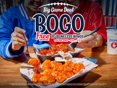 Zaxby’s doubles down for Big Game with BOGO Boneless Wings Offer. In-app deal is valid Saturday, Feb. 10 and Sunday, Feb. 11, 2024 via Zax Rewardz®.