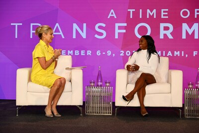 Global Wellness Summit Chair and CEO Susie Ellis in conversation with Olympian Simone Biles at the 2023 GWS. Image curtesy Global Wellness Summit/Tom Dean