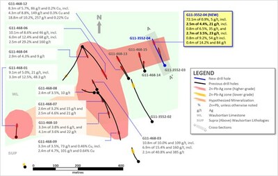 Exhibit 1. Plan View of Last Step-Out Hole of 2023 Drill Program at Ballywire (CNW Group/Group Eleven Resources Corp.)