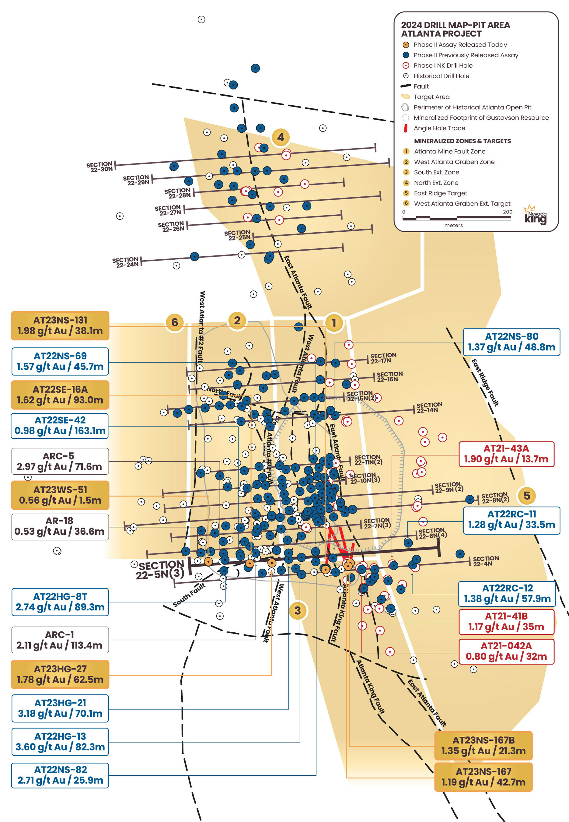 Figure 1.  Location map for holes reported in this news release along updated drill Section 22-5N(3) relative to the perimeter of the historical Atlanta Pit and footprint of the Gustavson 2020 NI 43-101 resource. Shallow drillholes on the mine dumps have been removed from the plot for clarity. (CNW Group/Nevada King Gold Corp.)