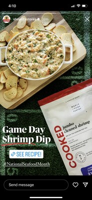 An Instagram story from ShopRite featuring their game day shrimp recipe for National Seafood Month.
