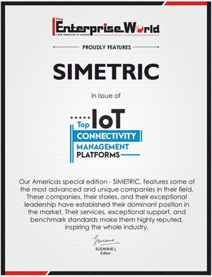 Simetric Awarded Top IoT Connectivity Management Platform by The Enterprise World