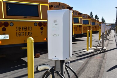 Nuvve chargers and electric school buses from Blue Bird Corporation at Orange Unified School District