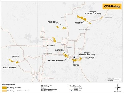 Carte des propriétés de Minière O3 (Groupe CNW/O3 Mining Inc.)